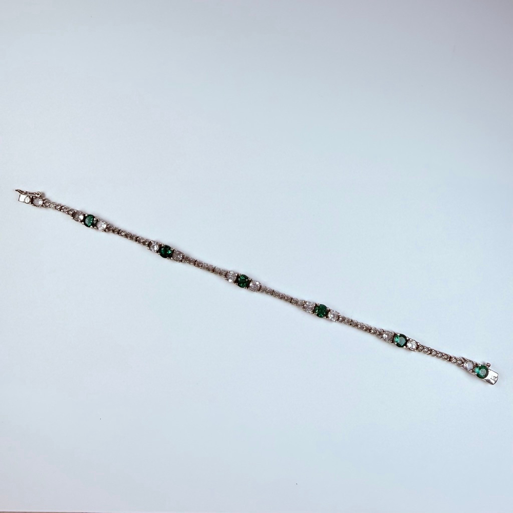 Art Deco Revival Emerald and Topaz Glass 925 Sterling Silver Tennis Bracelet - Picture 7 of 11